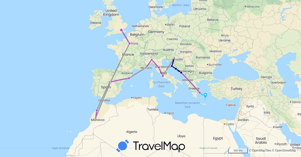 TravelMap itinerary: driving, plane, train, boat in Spain, France, United Kingdom, Greece, Croatia, Italy, Morocco (Africa, Europe)